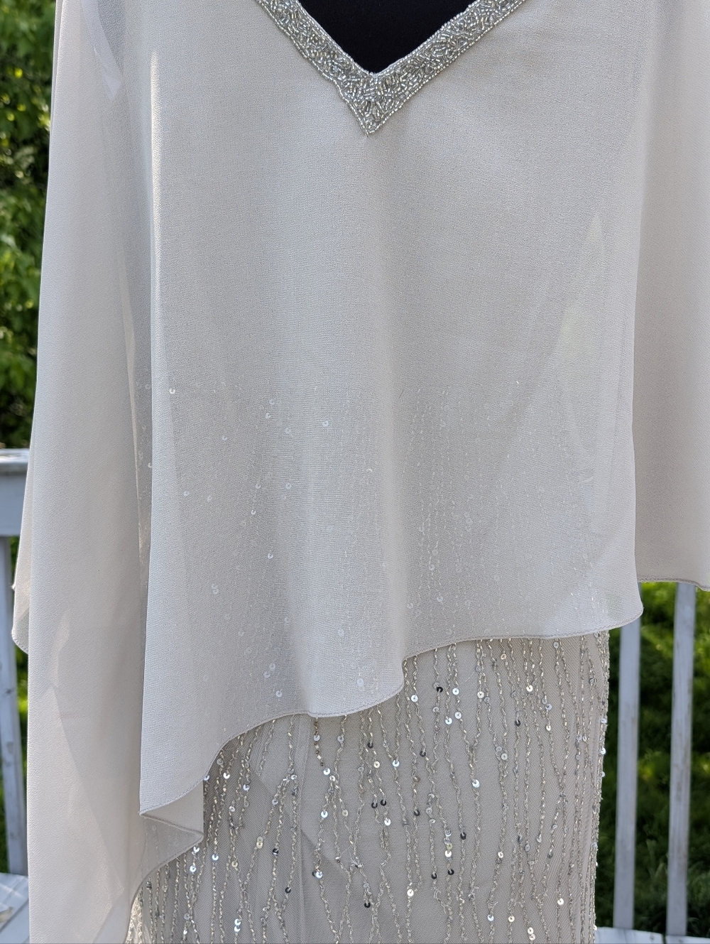OLEG CASSINI Elegant Cream Beaded Evening Dress with Draped Overlay